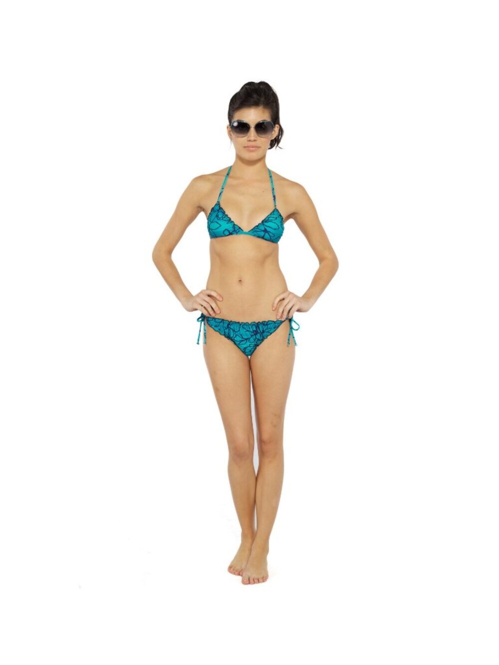 Splendid Sunset Floral Ruffle Triangle Bikini Top + Teal Bottom Swimsuit L